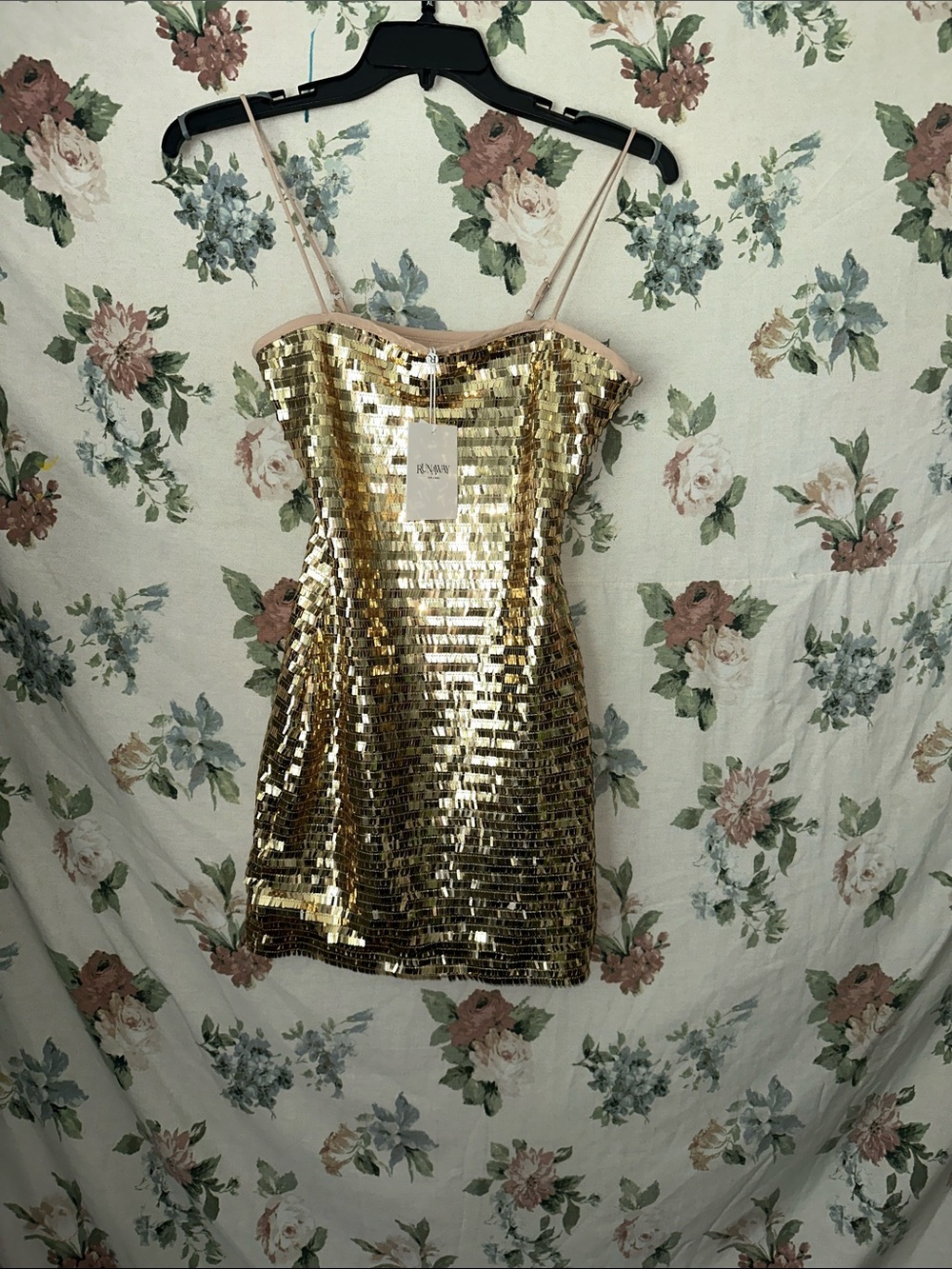 Sequined Spaghetti-Strap Camisole Dress in Gold by Runaway The Label